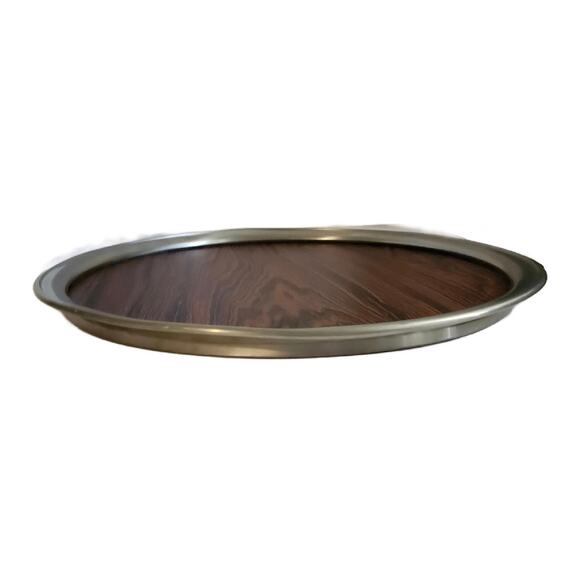 Vintage Formica Woodgrain Cocktail Tray 1960s, 16" Diameter, Pewter Tray - Picture 2 of 10